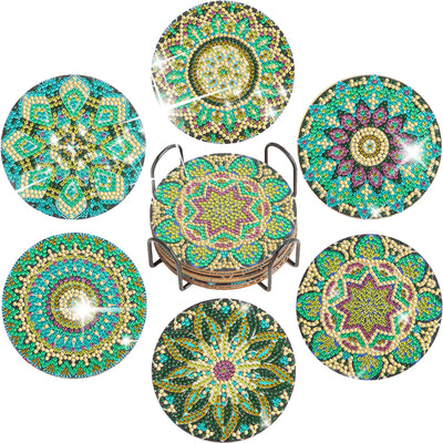 6 Pack - DIY Green Mandala Diamond Art Coasters - Creative Serenity