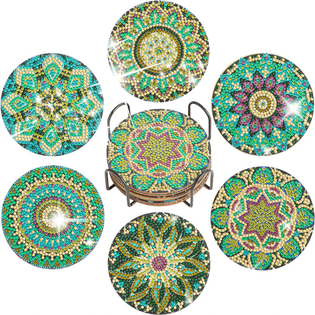 6 Pack - DIY Green Mandala Diamond Art Coasters - Creative Serenity