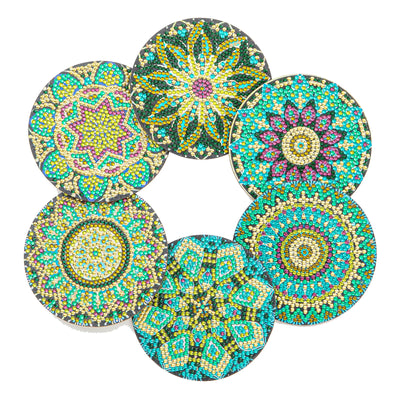 6 Pack - DIY Green Mandala Diamond Art Coasters - Creative Serenity